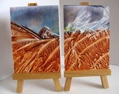 Diptych ACEO Encaustic (Wax) Original Art. Rust. Brown. Blue. Gray. SET of 2 Art Cards