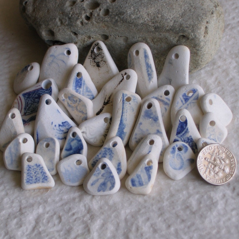 30 Sea Beach Pottery Pendants and Charms Top Drilled 2mm holes Supplies (1549)