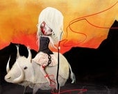 Fine Art Print - "Wild" - Medium Size 8.5x11 or 8x10 Giclee - Little Wild Girl and Albino Boar - illustration by Jessica Grundy