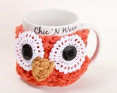Owl Adjustable Button On Coffee Mug Cup Crochet Cozy Sleeve in Carrot Orange