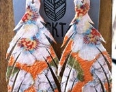 Orange floral print large recycled leather feather earrings