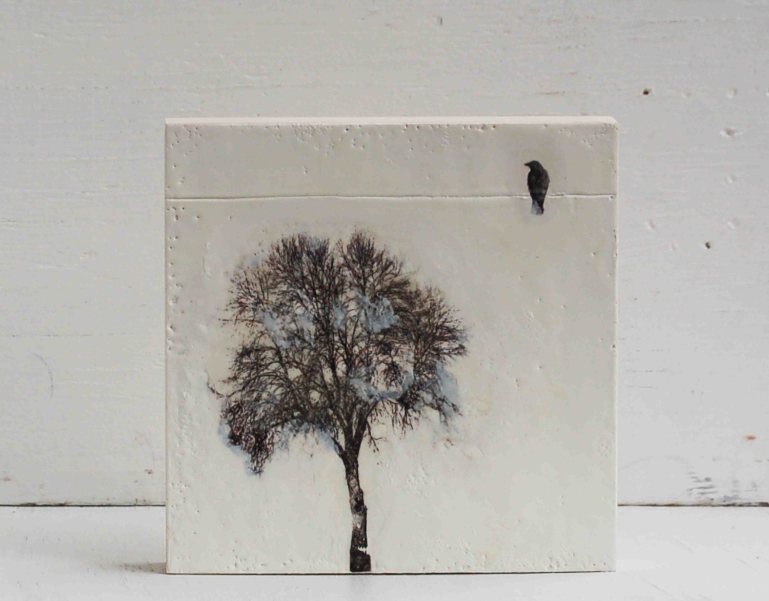 One TREE Original Encaustic Painting Blackbird TREE Black and White