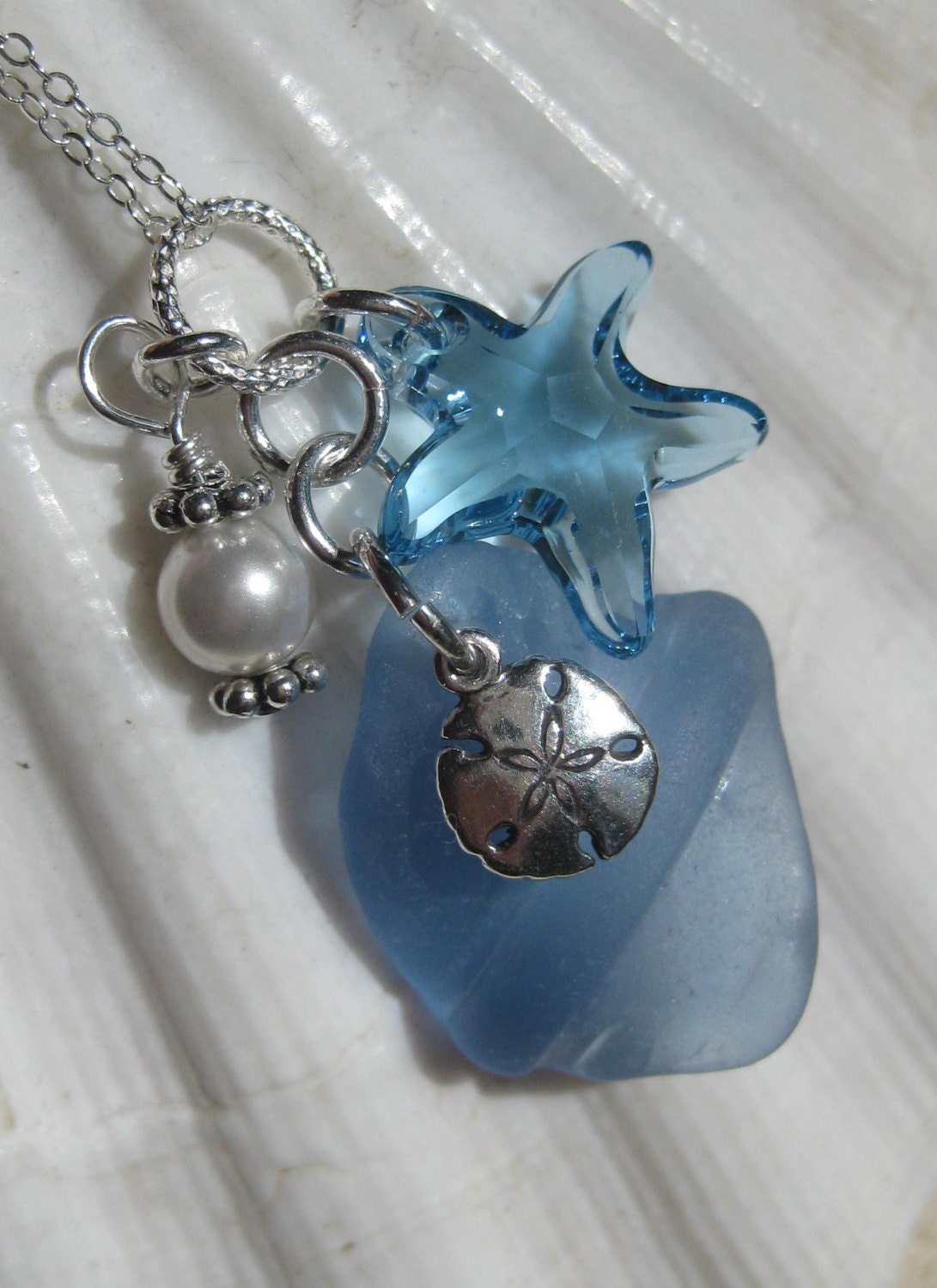 Sea Glass Necklace -  Seaglass Cluster of Charms - Seaglass Jewelry Pendant