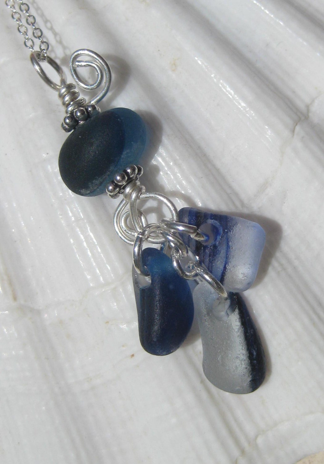 Sea Glass Necklace -  Windchime  Seaglass Pendant - Rare English Multi Blues