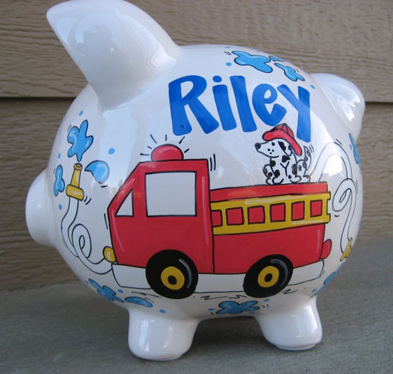 Large-Custom Personalized Piggy Bank - Firetruck