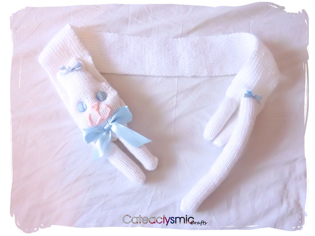 White Kitty Cat Scarf with Blue Bows