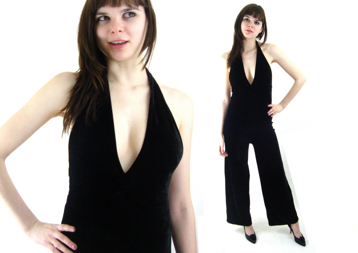 velvet jumpsuit / wide leg / low cut / halter / awesome