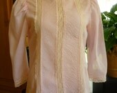 Vintage 60s Victorian Style Blouse pink w pintuck and lace SZ M