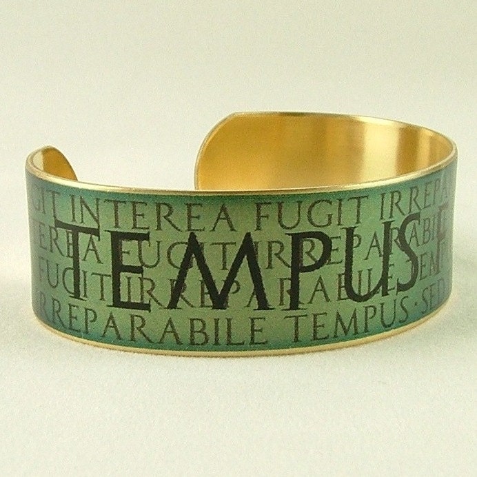 Latin Jewelry - Tempus Fugit Time Flies Quote - Roman Poet Virgil - Latin SLIM Brass Cuff Bracelet - Ancient Rome