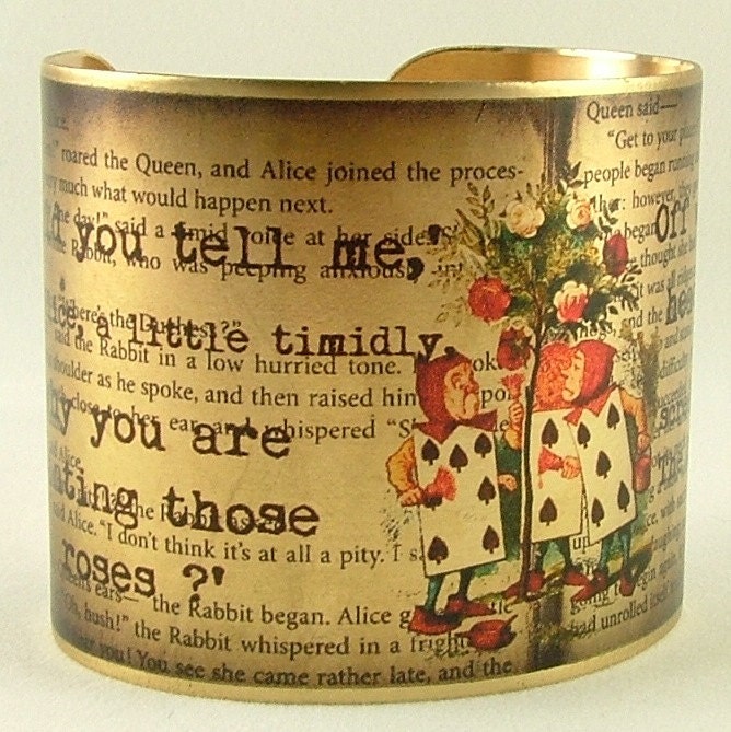 Literary Brass Cuff Bracelet with Alice In Wonderland The Queen's Croquet-Ground