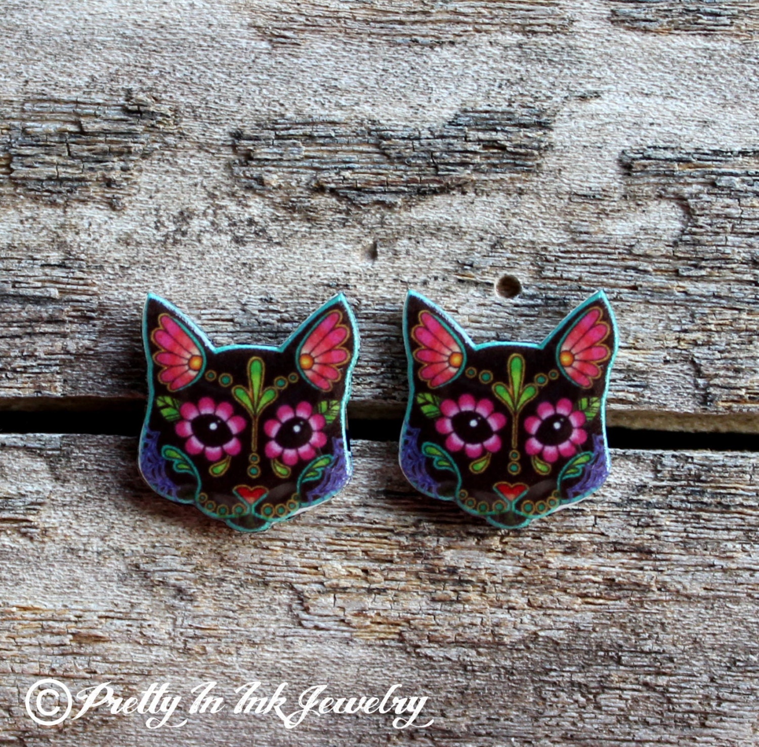 Day of the Dead Kitty Cat Sugar Skull Post Earrings - Black, White, or Grey