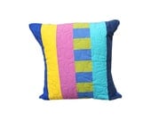 Modern Patchwork Decorative Throw Pillow - Simple Stripes in Shades of Blue, Yellow, and Pink