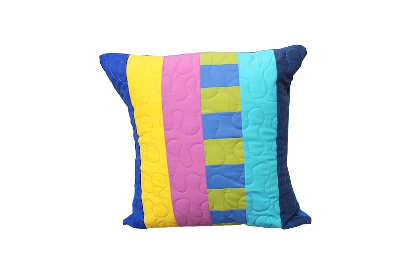 Modern Patchwork Decorative Throw Pillow - Simple Stripes in Shades of Blue, Yellow, and Pink