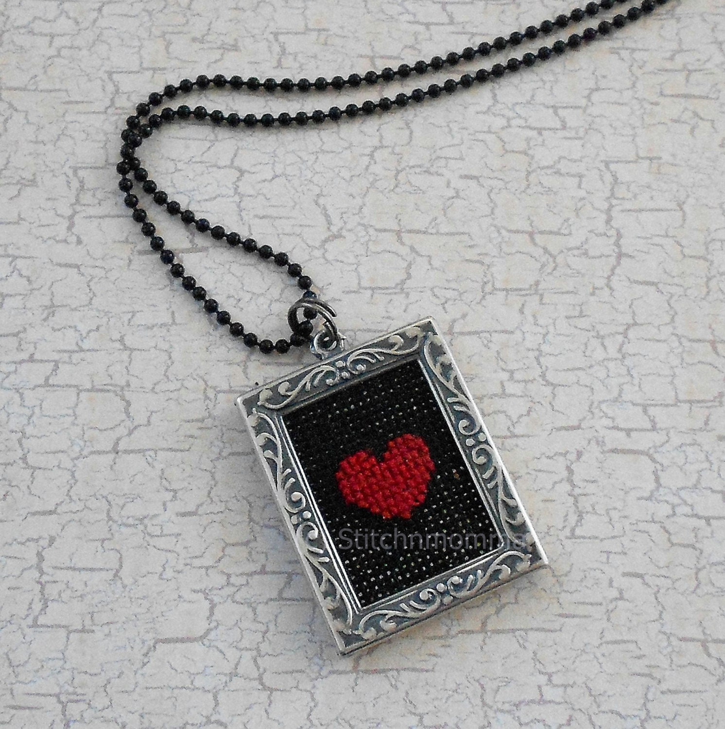 Red Heart Cross Stitched Pendant Necklace