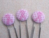 Set of 3 Pink Ribbon Breast Cancer Awareness Paper Clip and Fabric Covered Button Bookmarks