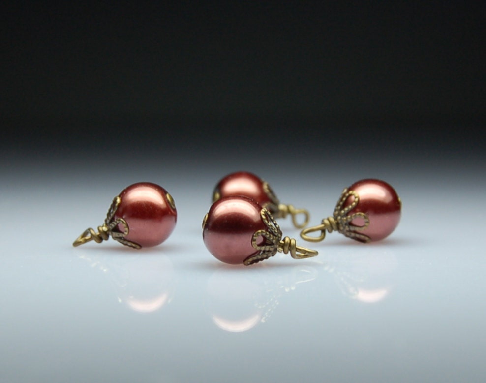 Vintage Style Bead Dangles Burgundy Red Glass Pearls Set R37