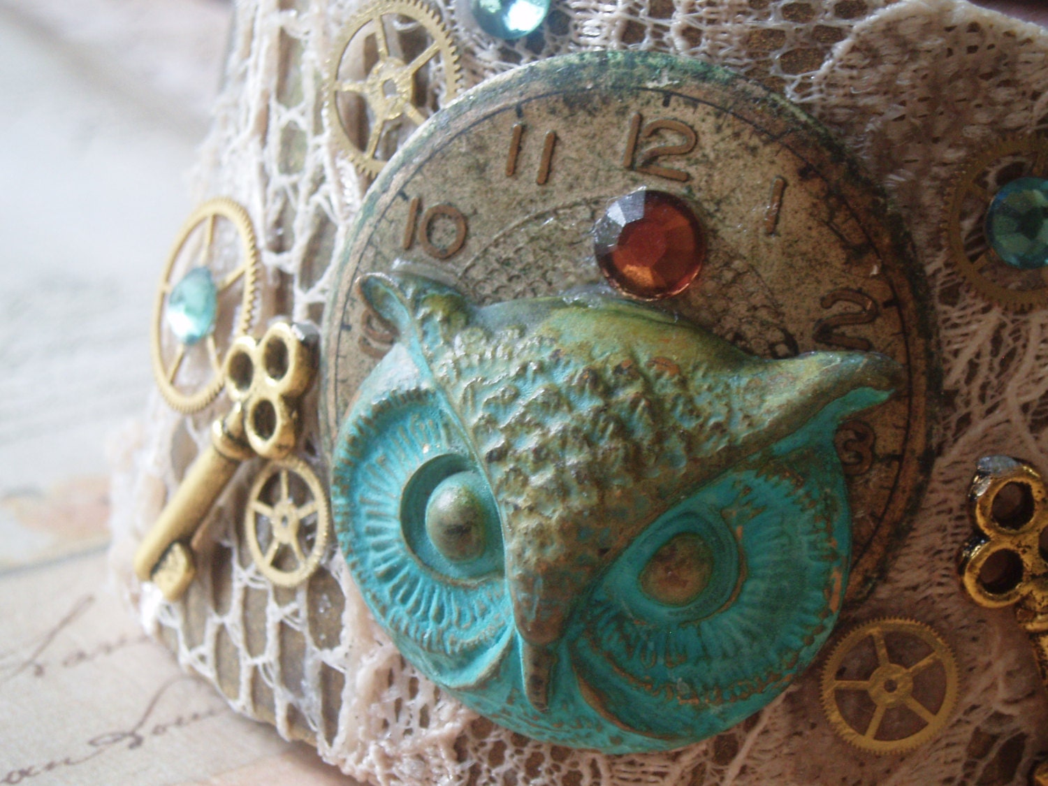 Steampunk Owl - Steampunk Bracelet, Owl Bracelet, Owl Cuff, Patina Bracelet, Lace Bracelet, Cuff Bracelet
