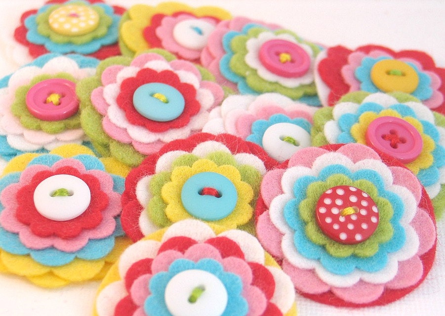 Fun and Bright Handmade Felt Flower Embellishments, Flower Applique, Felt Embellishment, Felt Bloom, Set of 12