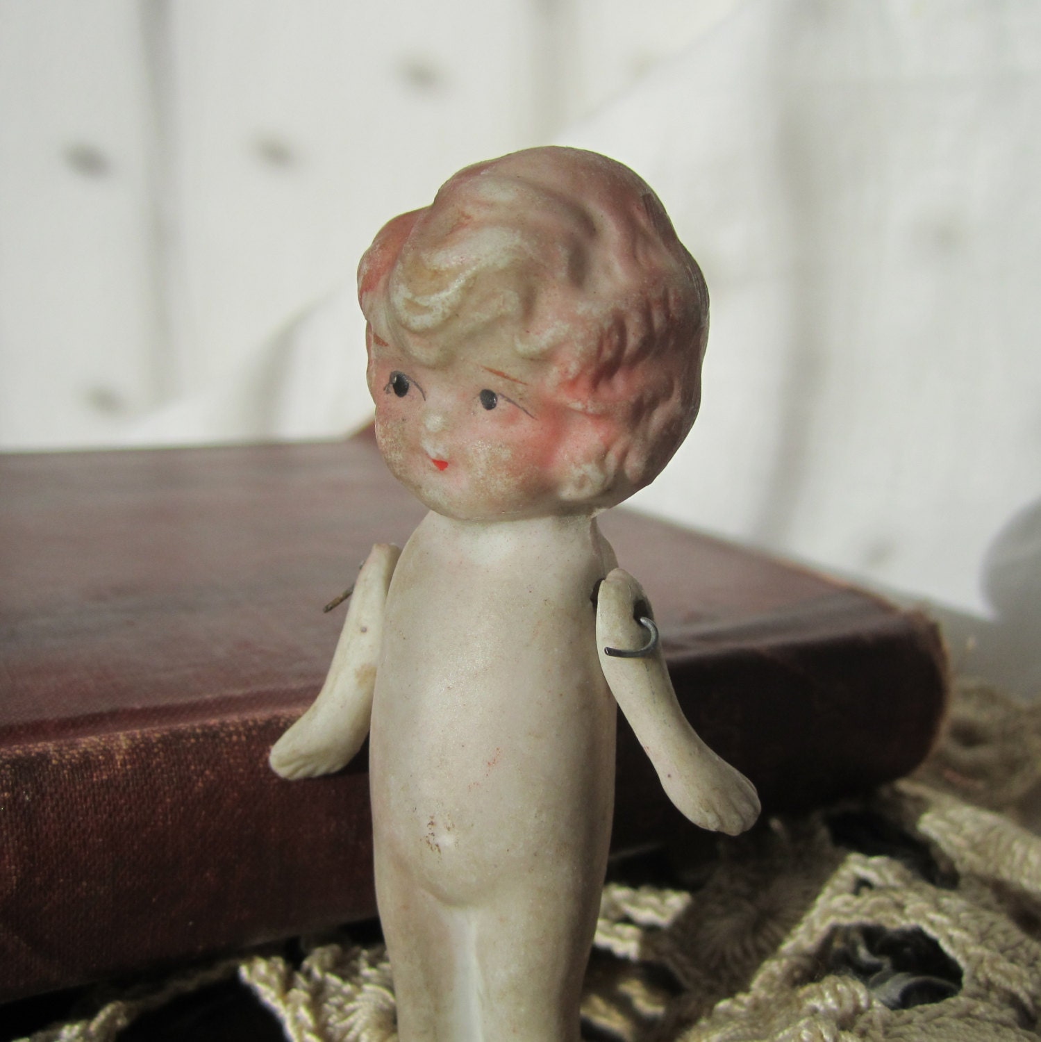 Hello Dolly - Porcelain bisque tiny 3 inch doll, jointed arms, Kewpie, Frozen Charlotte, Antique circa 1920s or before