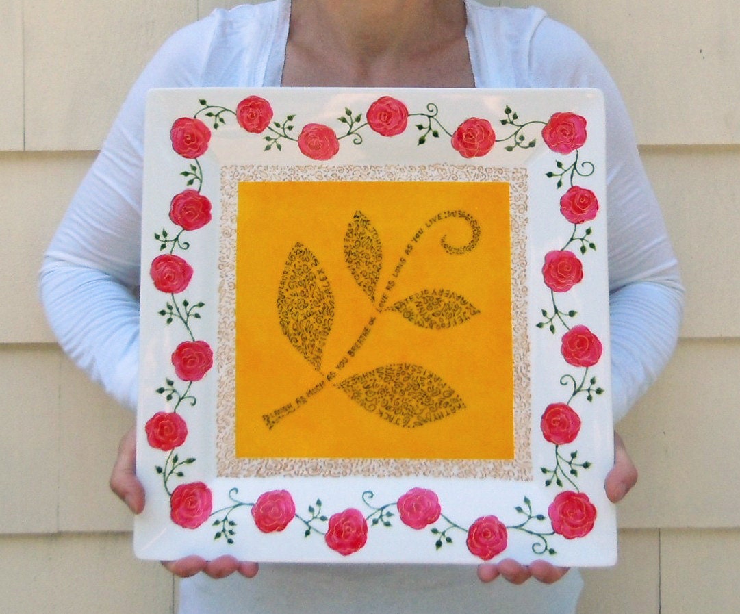 Family plate - Hand painted large square porcelain plate personalized with names & message - Red roses with gold highlights
