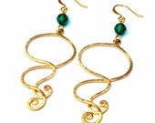 Large gold hammered earrings, dramatic, lightweight, with emerald Swarovski crystal