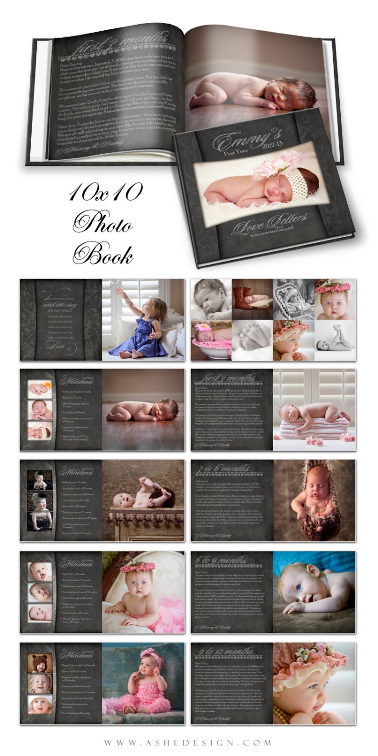 Photo Book Journal Baby's First Year- CHALKBOARD -  Photoshop Templates for Photographers. 10x10 Photo Book - 20 Pages Plus Cover Design