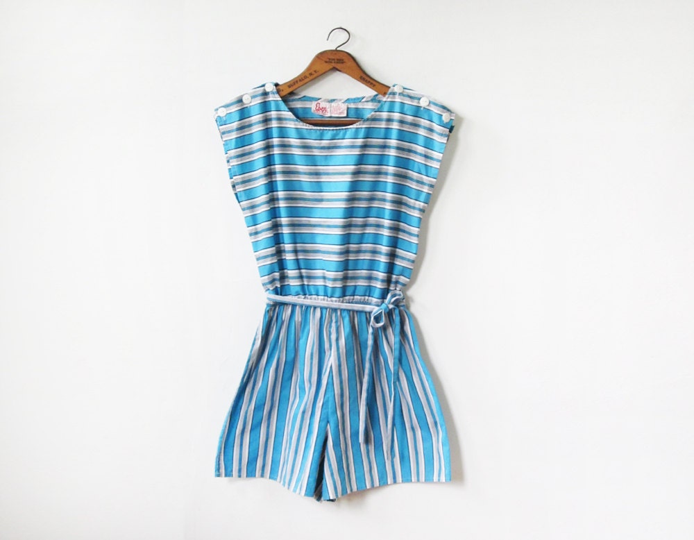 80s romper / vintage 1980s playsuit / blue and white stripe jumper