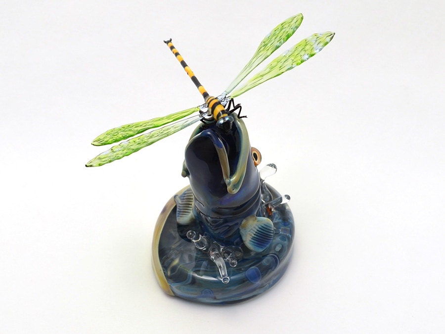 Fish Eating a Dragonfly Paperweight - lifelike lampwork glass sculpture