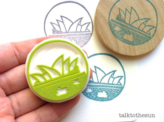 sydney rubber stamp. circle rubber stamp. opera house and harbor. hand carved stamp. hand carved rubber stamp. mounted. READY TO SHIP