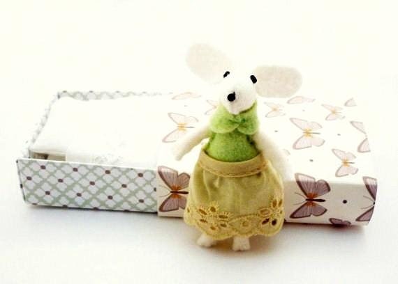 Felt mouse plush miniature white mint green in matchbox with butterflies