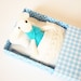 Felt mouse plush white blue miniature gingham in match box bed