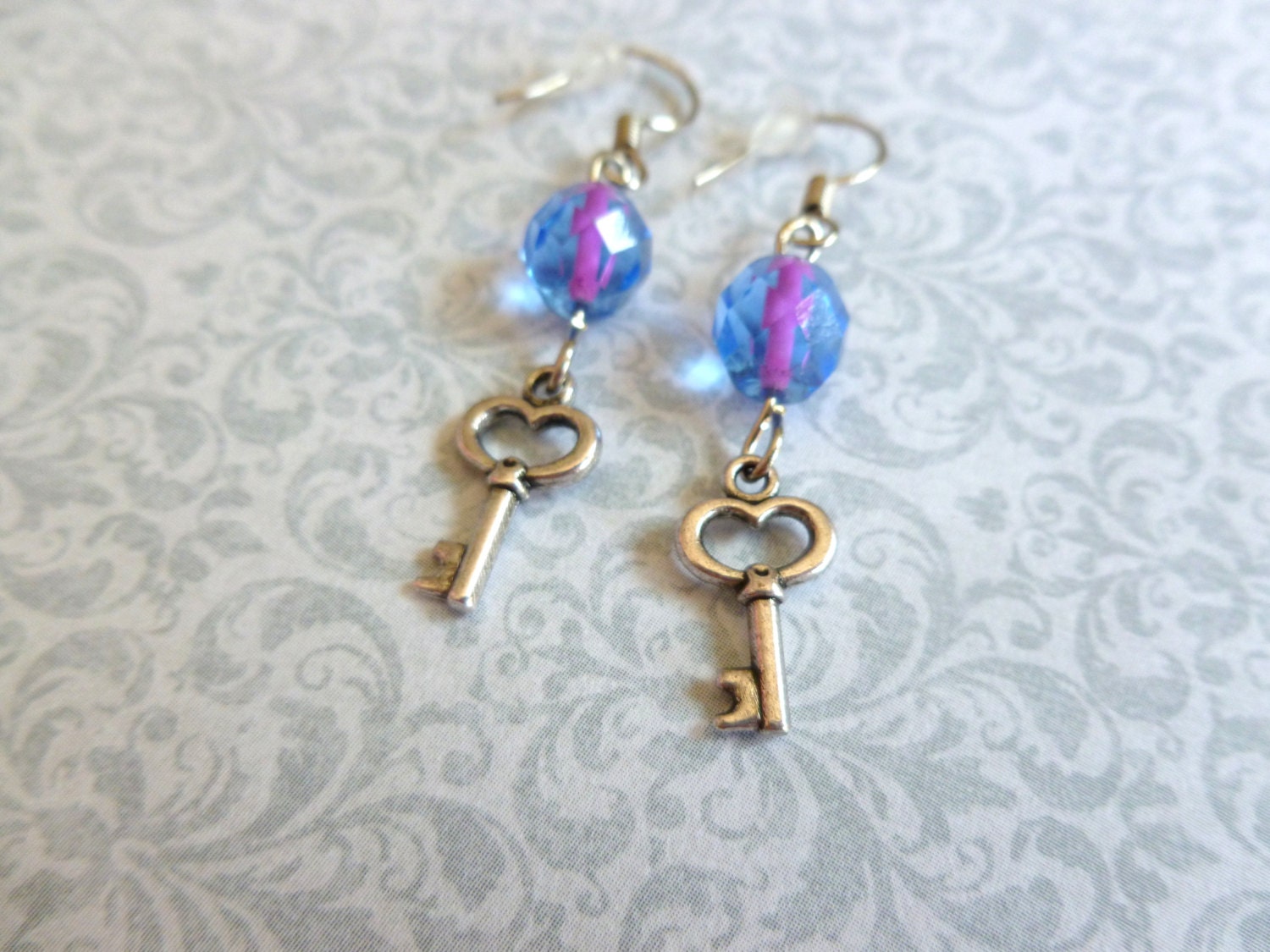 Charmed Earrings Mini Silver Keys with Blue and Pink Czech Glass Crystal Beads