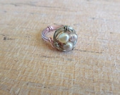 Bird's Nest Ring Wire Wrapped Silver and Pink with Freshwater Pearls Bead Eggs