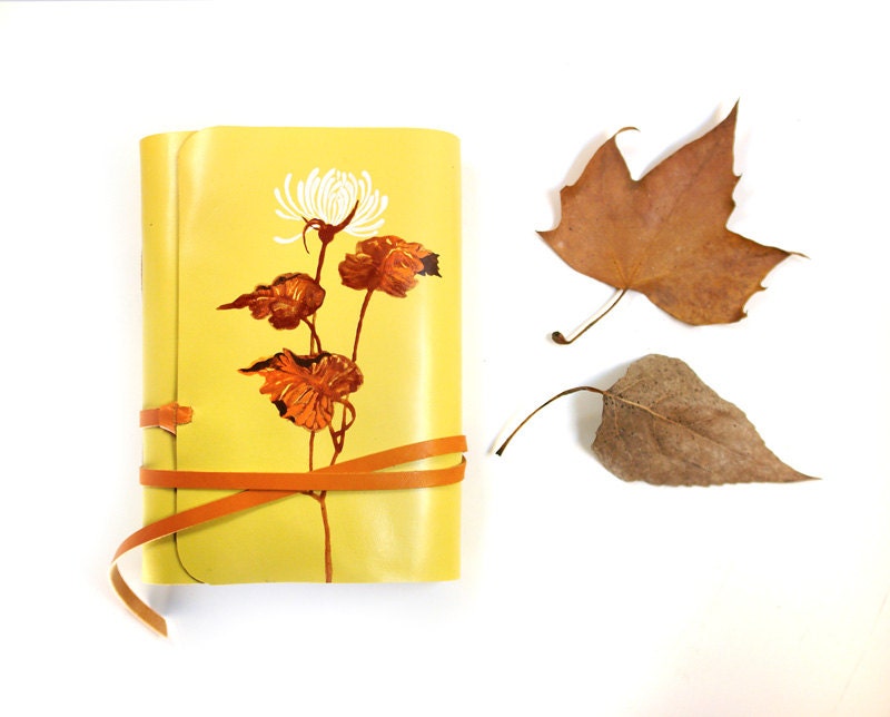 Sunny Journal - Yellow Leather Journal - Flower Diary, Notebook - Hand Painted