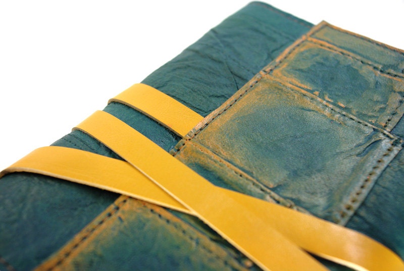 Laguna Leather Journal, Stitched Notebook, Diary in Green Aqua / Teal / Turquoise, Yellow