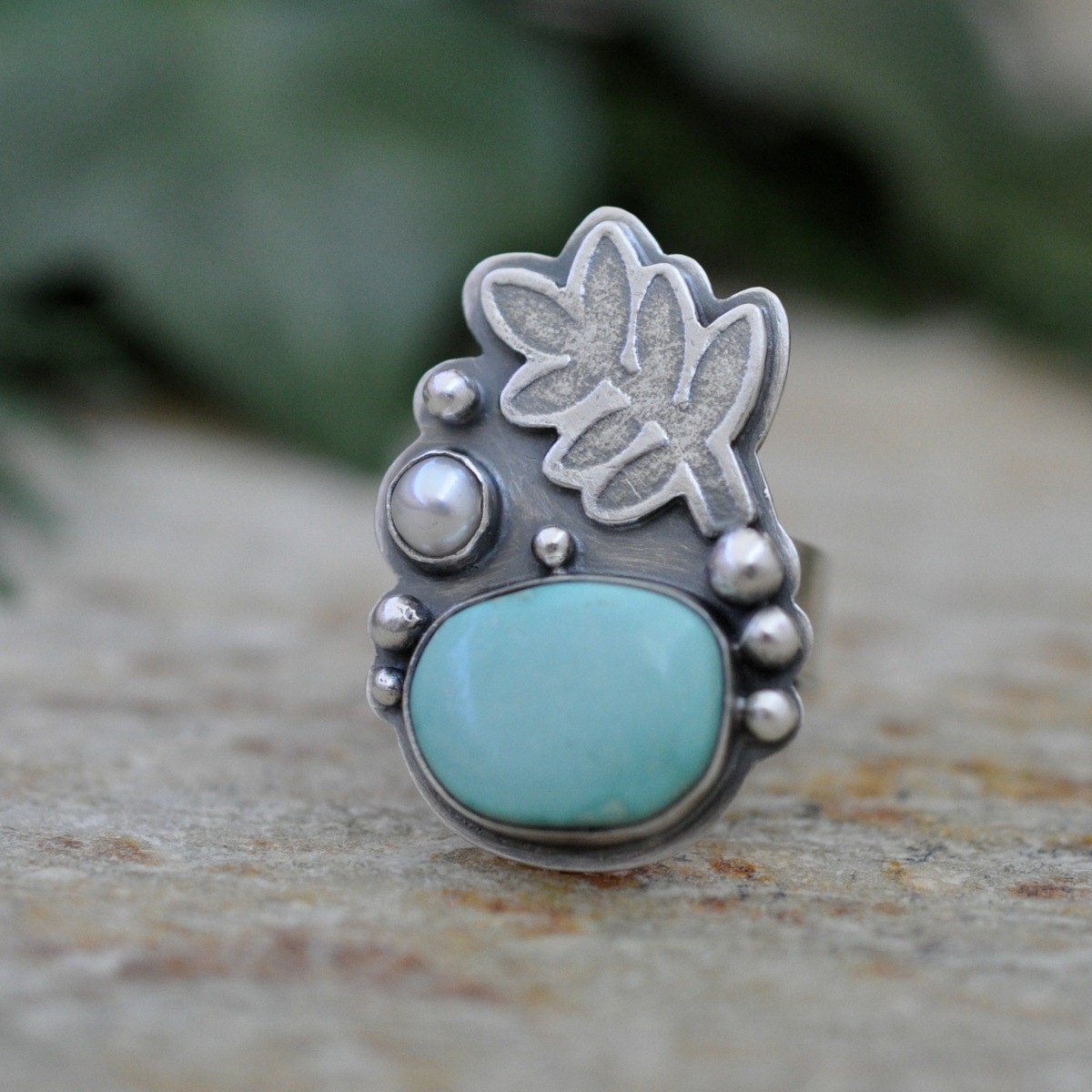 Turquoise Ring in Oxidised Sterling Silver - The Sylvan Ring in Sky