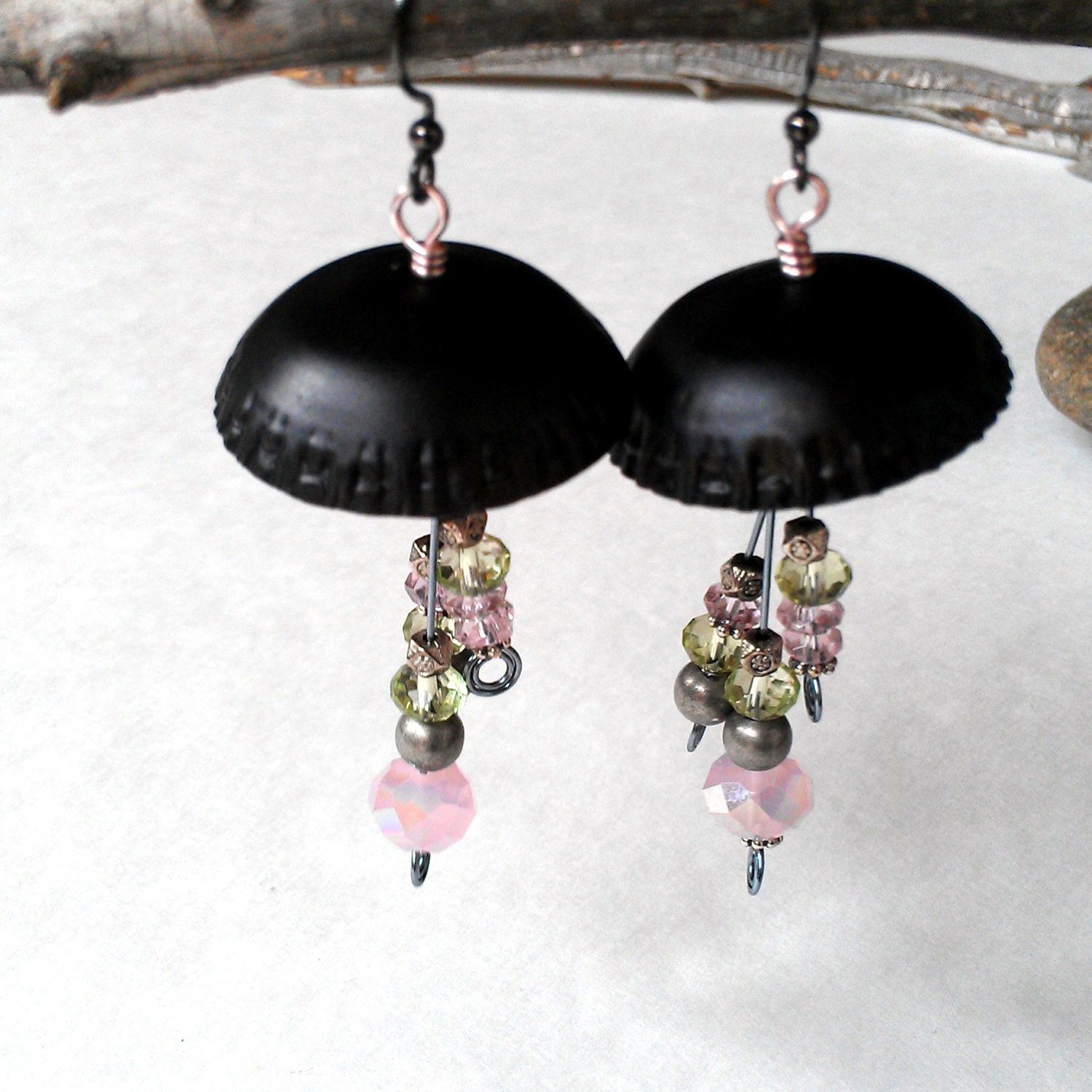Beaded dangle earrings black and pink jellyfish earrings