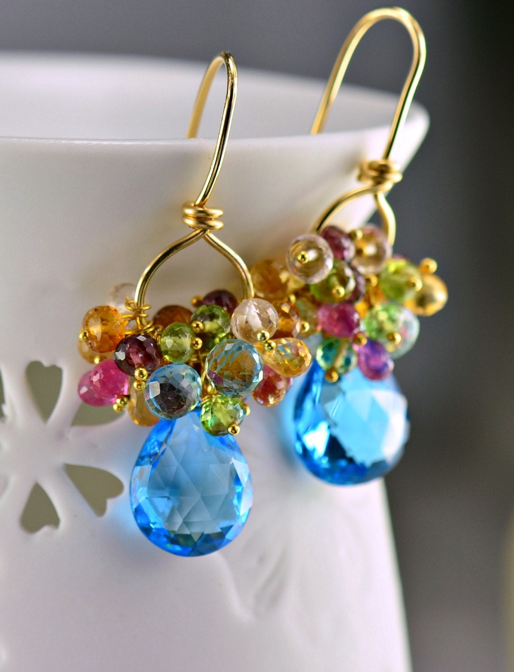 Blue Topaz Gemstone Dangle Earrings Peridot Citrine Garnet Pink Ruby Topaz 14k Gold Filled Wire Wrapped Earrings , Kaleidoscope
