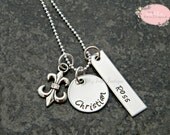 Personalized Hand Stamped Necklace with Fleur De Lis Charm