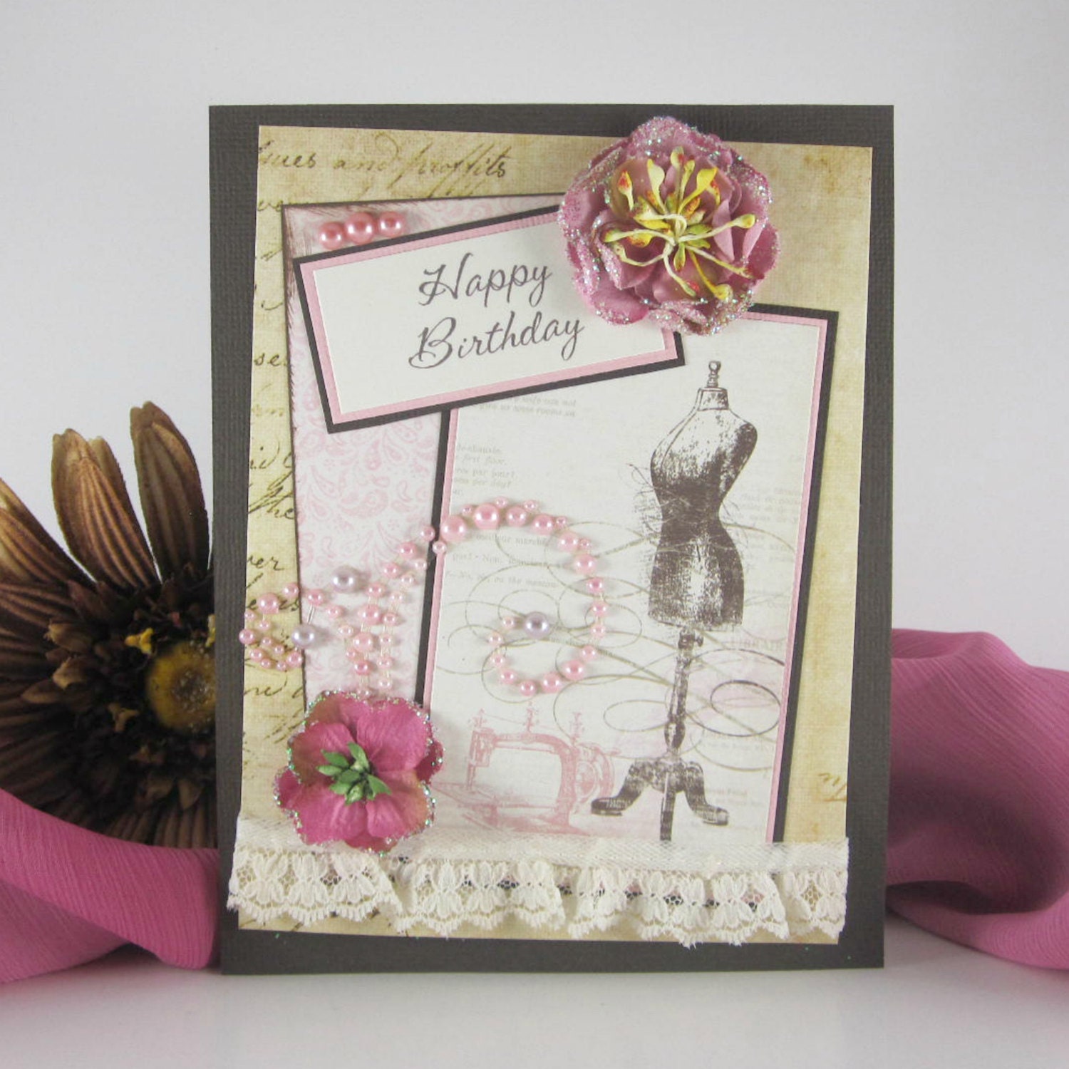 Happy Birthday card, vintage dressform, sewing machine,  for female, woman, women, pink and brown with pearls
