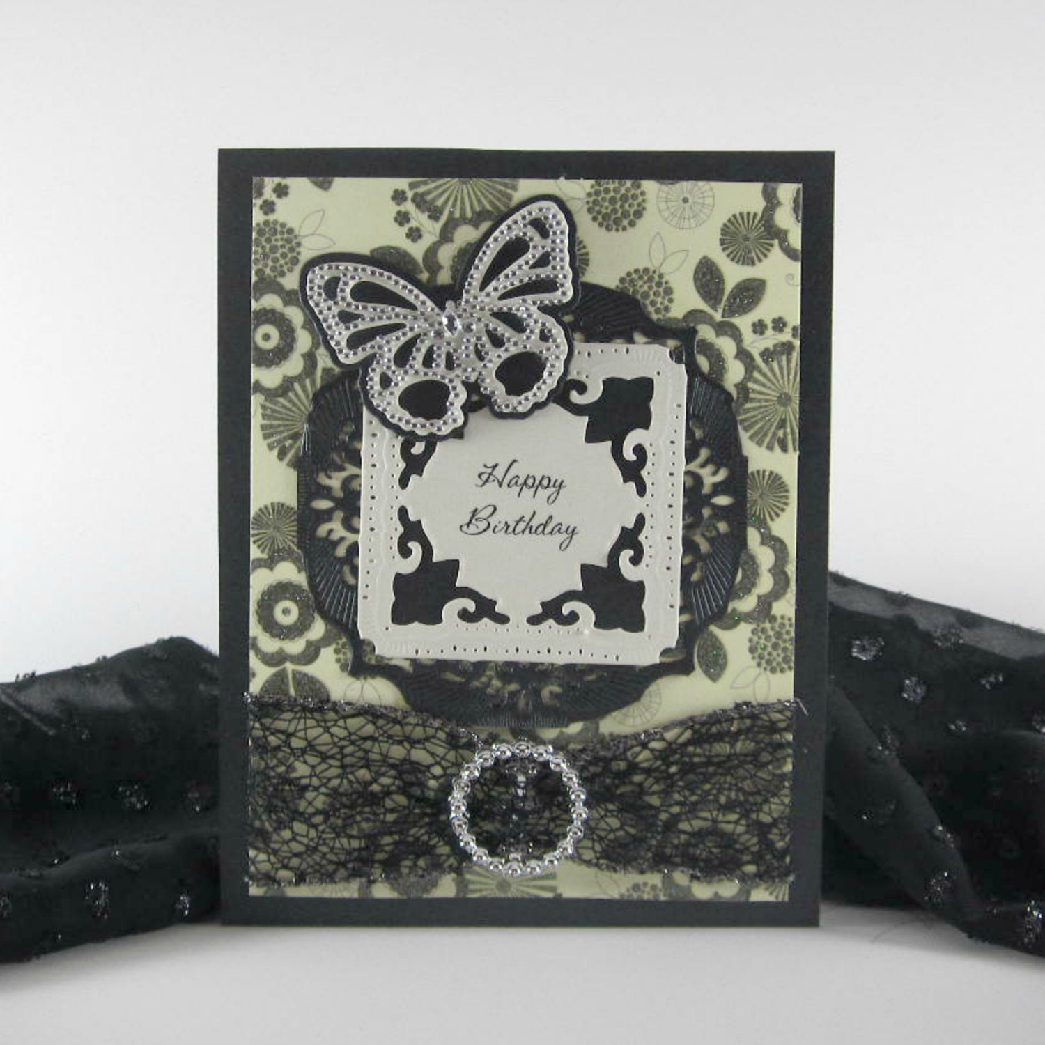 Happy Birthday card, elegant butterfly birthday card, black and ivory,  for female, women, woman, girl
