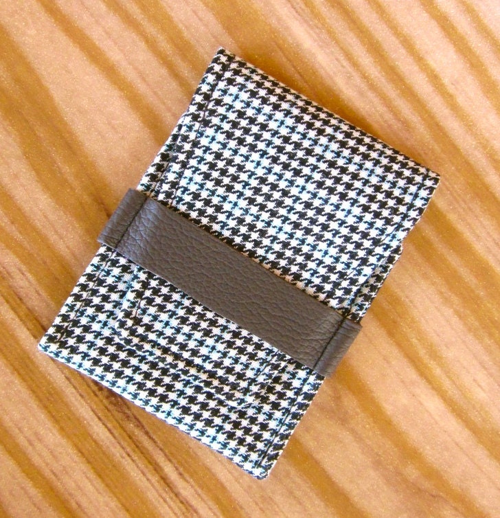 Mens Wallet Thin -  Business Card Holder - Black and Blue Houndstooth