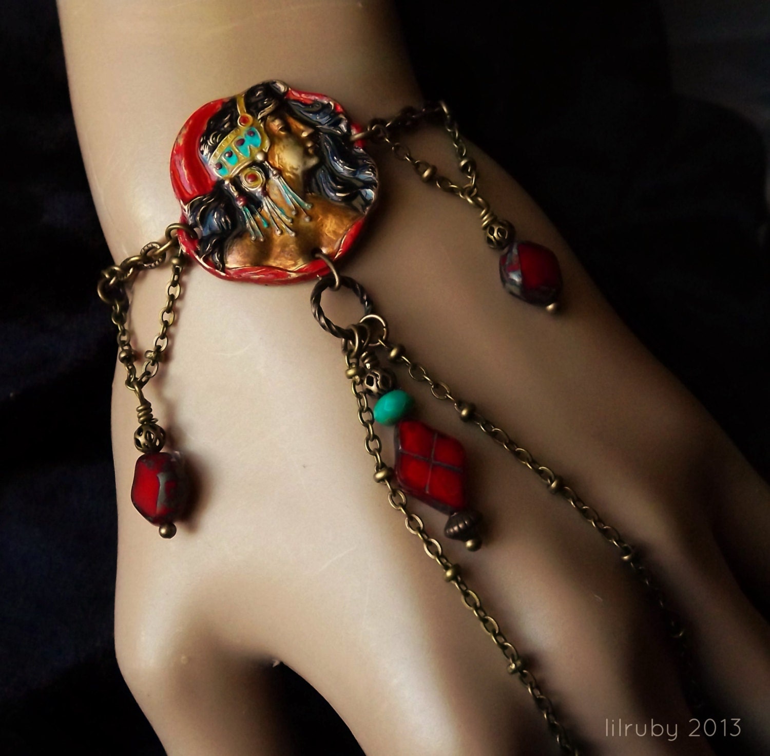Handpainted gypsy bracelet, bohemian hand bracelet, vintage inspired Art Nouveau