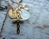 Personalized Charm Necklace with Gold Plated Cross, Sea Glass, Swarovski Birthstone and Sterling Initial Charm, 14k Gold Filled Chain