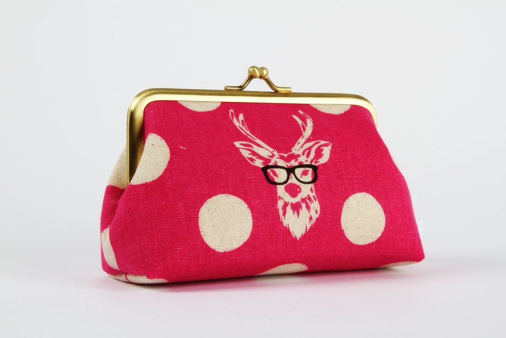 Little pouch - Buck on pink - metal frame clutch bag