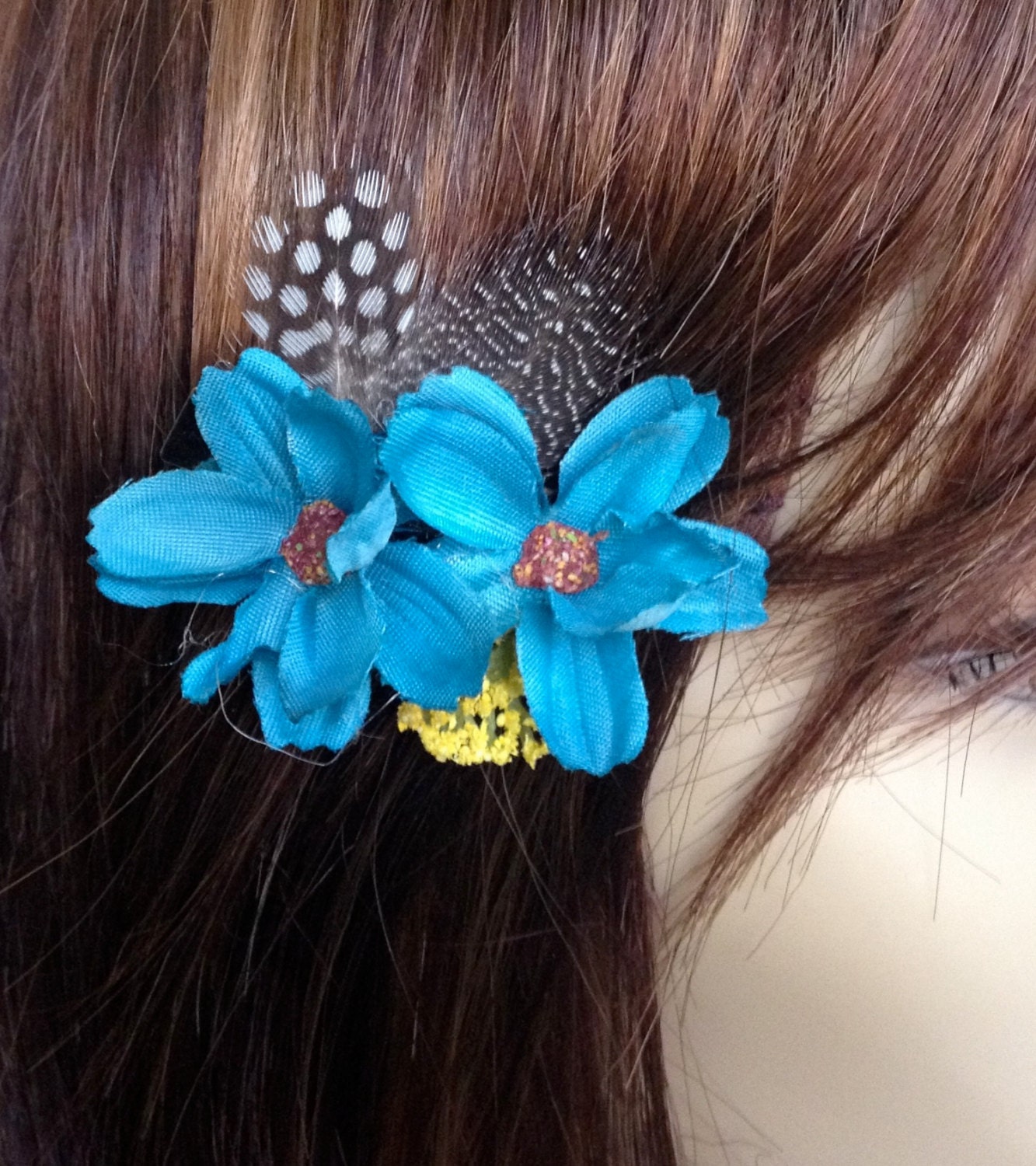 Blue Flower and Guinea Feather Hair Clip