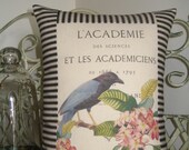 French Bird Pillow Cover with Black and Off White Ticking Stripe, Decorative Throw Pillow, French Script