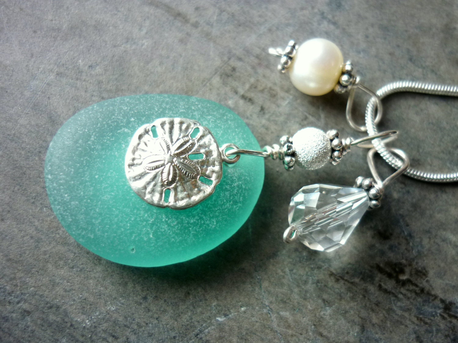 Sea Glass Necklace - Aqua Teal Beach Seaglass Sand Dollar Pendant