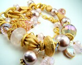 Gold and pink chunky bracelet, pink pearl statement charm bracelet... Golden Rose