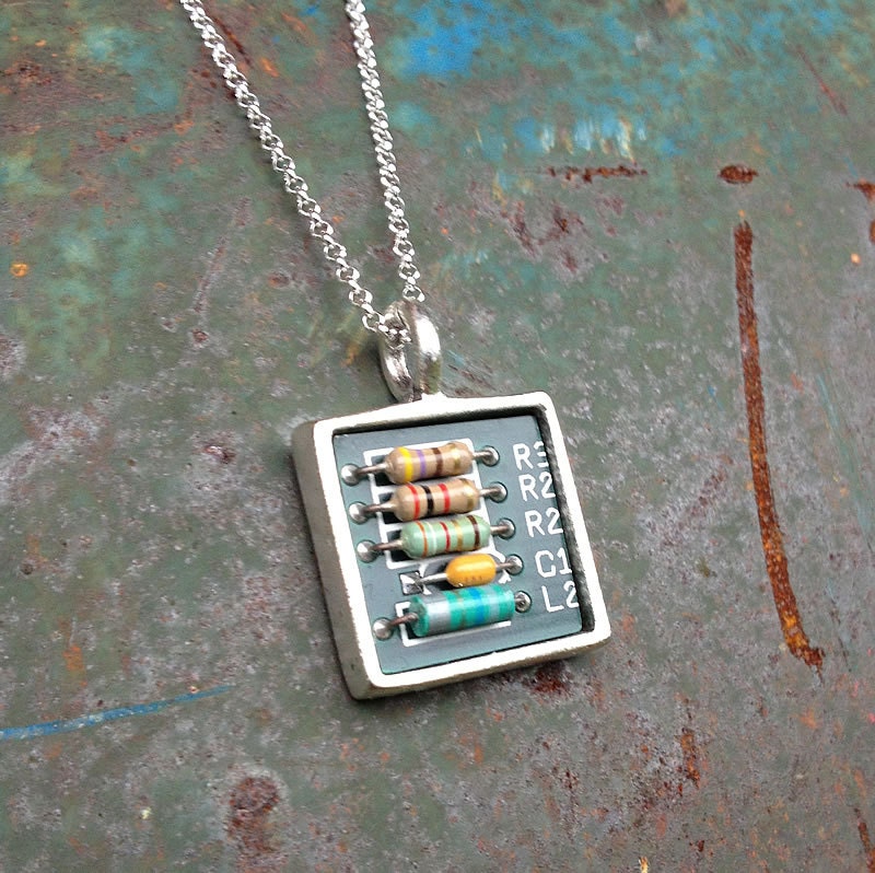 upcycled circuit board necklace with awesome resistors and sterling silver chain recycled jewelry